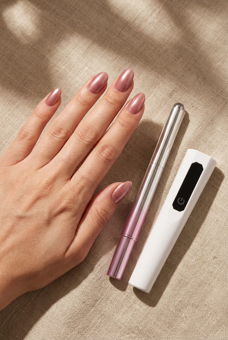 Diagonal manicure close-up with gel pen and UV lamp