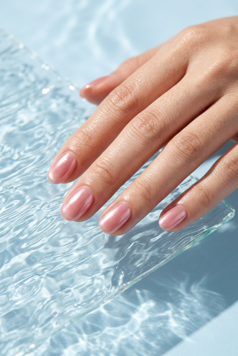 Diagonal manicure with glass and light reflections