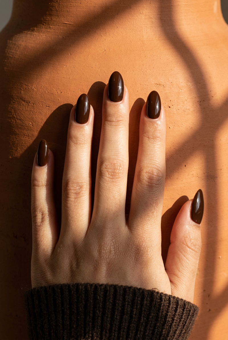 Overhead chocolate manicure on sunlit terracotta