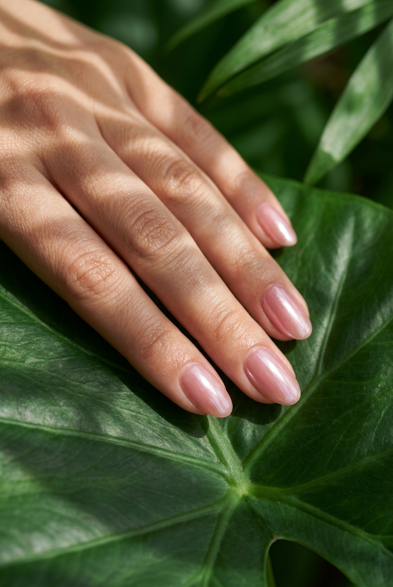 Pink manicure with botanical shadows