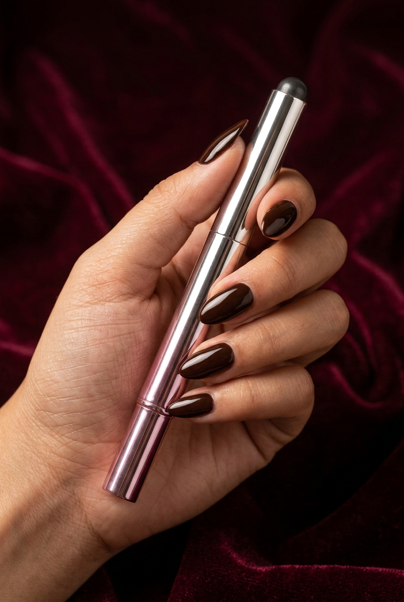 Side-angle chocolate manicure holding the gel pen